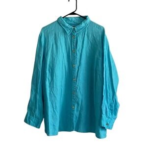 CHAPS Womens 3X Blue 100% Linen Button Up Shirt Gold Buttons Classic